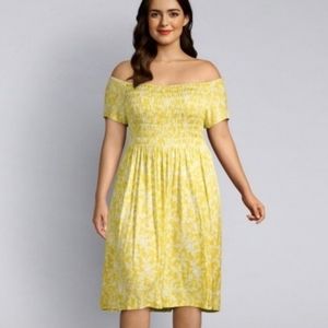 Lane Bryant Yellowed Floral Smocked Stretch Jersey Knit Off Shoulder Dress